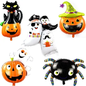 Five styles of Halloween foil balloons featuring pumpkin, ghost, black cat and spider