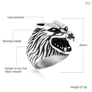 Polished stainless steel wolf head ring for men featuring a bold vintage biker style design