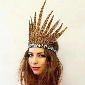 Detail of bohemian feather headpiece featuring spotted brown feathers and geometric headband