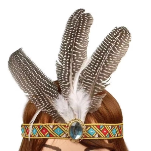 Bohemian feather headband with blue gemstone and colorful tribal pattern worn by model