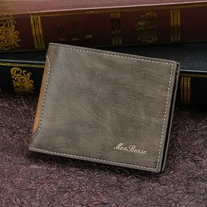 Men's retro bifold wallet in matte brown leather with contrast stitching and card slots