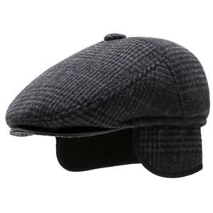 Casquette d'hiver pour hommes avec cache-oreilles, laine grise foncée à chevrons chaude
