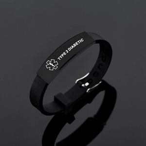 Detail of adjustable black silicone medical alert bracelet for Type 2 Diabetic patients