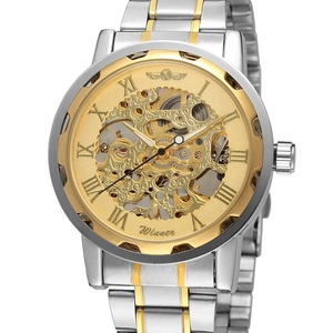 Montre mécanique Winner squelette pour homme avec bracelet bicolore et rouages dorés