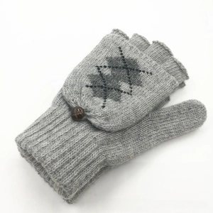 Gants en laine tricotée grise avec rabat amovible et motif de losanges argyle chic