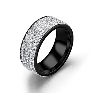 Luxurious five-row rhinestone titanium steel ring with sparkling crystals and black inner band