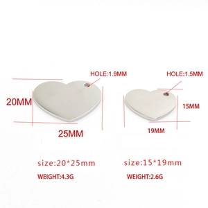 Polished stainless steel heart charms in 15x19mm and 20x25mm sizes for DIY jewelry