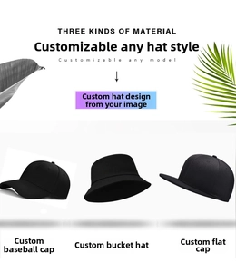 Custom cotton bucket hat, baseball cap and snapback displayed with tropical leaves