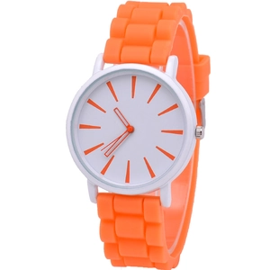 Modern orange silicone strap watch with white dial and minimalist markers on white background