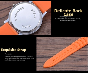 Detailed view of the orange silicone watch strap and 201 stainless steel back cover