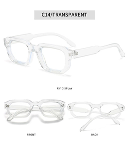 Three-view technical showcase of transparent retro square frames in model C14 style