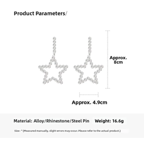 Macro shot of sparkling star drop earrings with 8cm length and 4.9cm width measurements