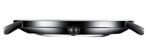 Side view detail showing the sleek black metallic watch case and crown on white background