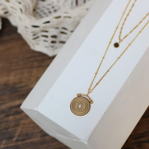 Retro double-layered gold titanium steel necklace with star and Roman medallion pendants