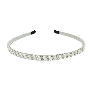Detail of silver headband with double-row white pearls and square-cut crystal rhinestones
