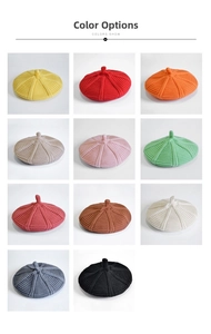 Grid view of knitted children's berets in eleven different colors with rib texture