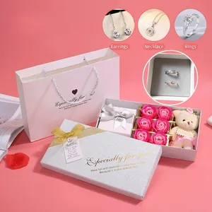 Soap Rose Flower Jewelry Box With Plush Teddy Bear Inner Jewelry Case And Handled Paper Bag Romantic Gift For Women