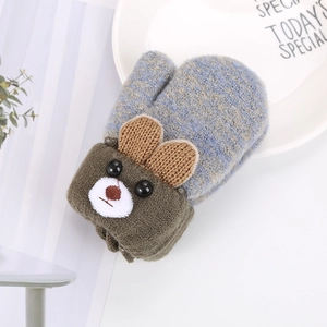 Toddler winter knit mittens with cute brown 3D bear design and ribbed blue wrist cuffs