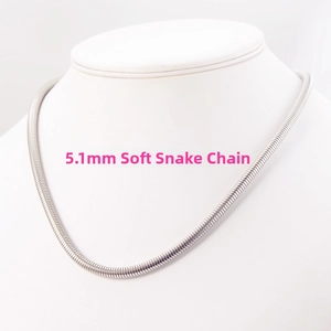Detailed view of 5.1mm thick stainless steel snake bone chain necklace on neck model