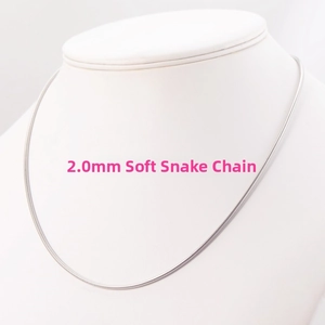 Detailed view of 2.0mm silver snake chain necklace displayed on a white neck model