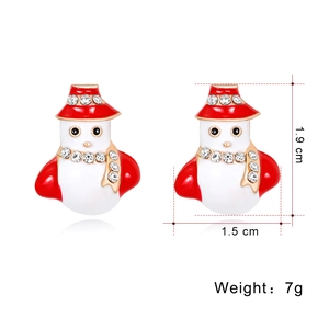 Detail view of snowman Christmas earrings with red enamel and dimensions 1.9cm by 1.5cm