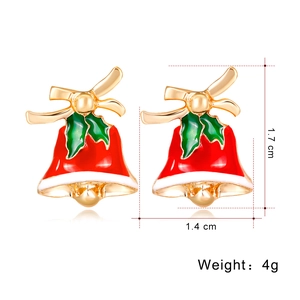 Christmas bell stud earrings featuring red enamel, gold bow, and 1.7cm size details