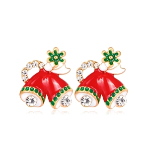 Detail of Christmas bell earrings with red enamel, green petals and white rhinestones