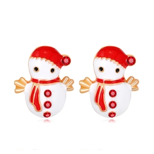 Detail shot of snowman Christmas earrings with red rhinestones and gold plating