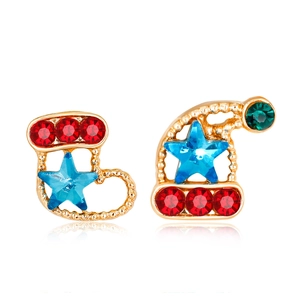Close-up of asymmetric Christmas stud earrings with colorful rhinestones in gold plating