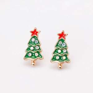 Detail of Christmas tree stud earring with green enamel finish and colorful rhinestones
