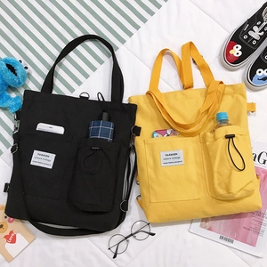 Women Large Capacity Canvas Tote Bag Harajuku College Style Multi Pocket Crossbody Shoulder Bag With Water Bottle Holder