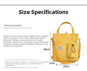 Detailed technical chart of a yellow canvas bag showing sizes and multiple carry ways
