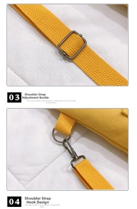 Detail of adjustable woven strap and metal hook on yellow canvas shoulder bag