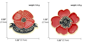 Detailed view of red poppy flower metal brooches with gold edges and enamel finish