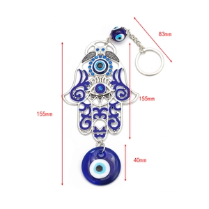 Detailed size view of Hamsa Hand and Blue Evil Eye keychain showing 155mm total length