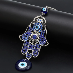 Silver Hamsa Hand keychain with blue evil eye beads and sparkling rhinestones