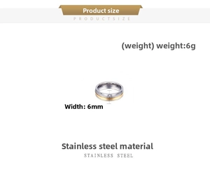 Dimensions détaillées d'une bague bicolore en acier inoxydable 6mm avec petite pierre