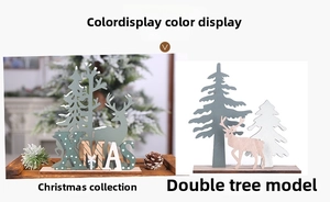 Wooden Christmas table decorations featuring green elk and tree cutout designs