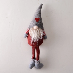 Handmade Christmas long-legged gnome plush with grey heart hat and red white striped arms