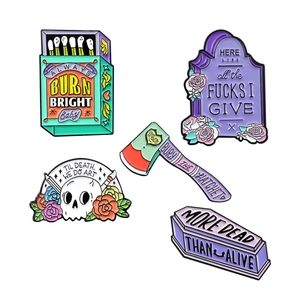 5-piece set of gothic enamel pins featuring skull, coffin, and burn bright matchbox designs