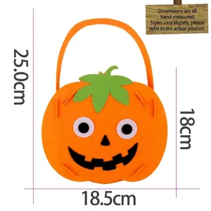 Halloween pumpkin treat bag for kids, orange felt gift pouch with size markings, 25cm high