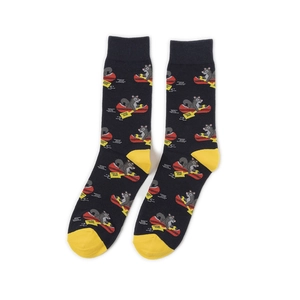 Detail of cotton crew socks featuring cute grey squirrel rowing a red boat pattern