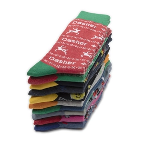 Detailed stack of multi-color cotton blend knit socks with festive deer patterns