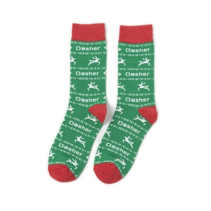 Detail of Christmas reindeer knit socks with 'Dasher' text in festive red and green colors