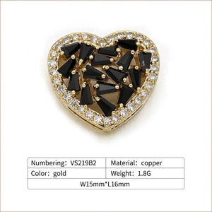 Golden heart connector with black cubic zirconia and white diamonds for DIY jewelry