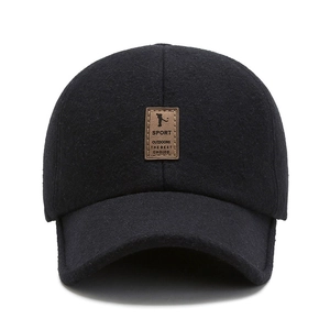 Men's winter wool baseball cap with sport leather patch and ear protection flaps