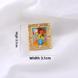 Detail view of a square gold baroque brooch with floral oil painting, 3.1cm size