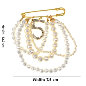 Detailed size view of a pearl tassel brooch with rhinestones showing 12.7cm height dimensions