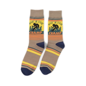 Detail of cotton crew socks featuring Big Foot embroidery and Hide Seek Champ text