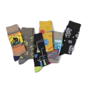 Set of 6 colorful knitted cotton sports socks with unique graphic prints for men and women